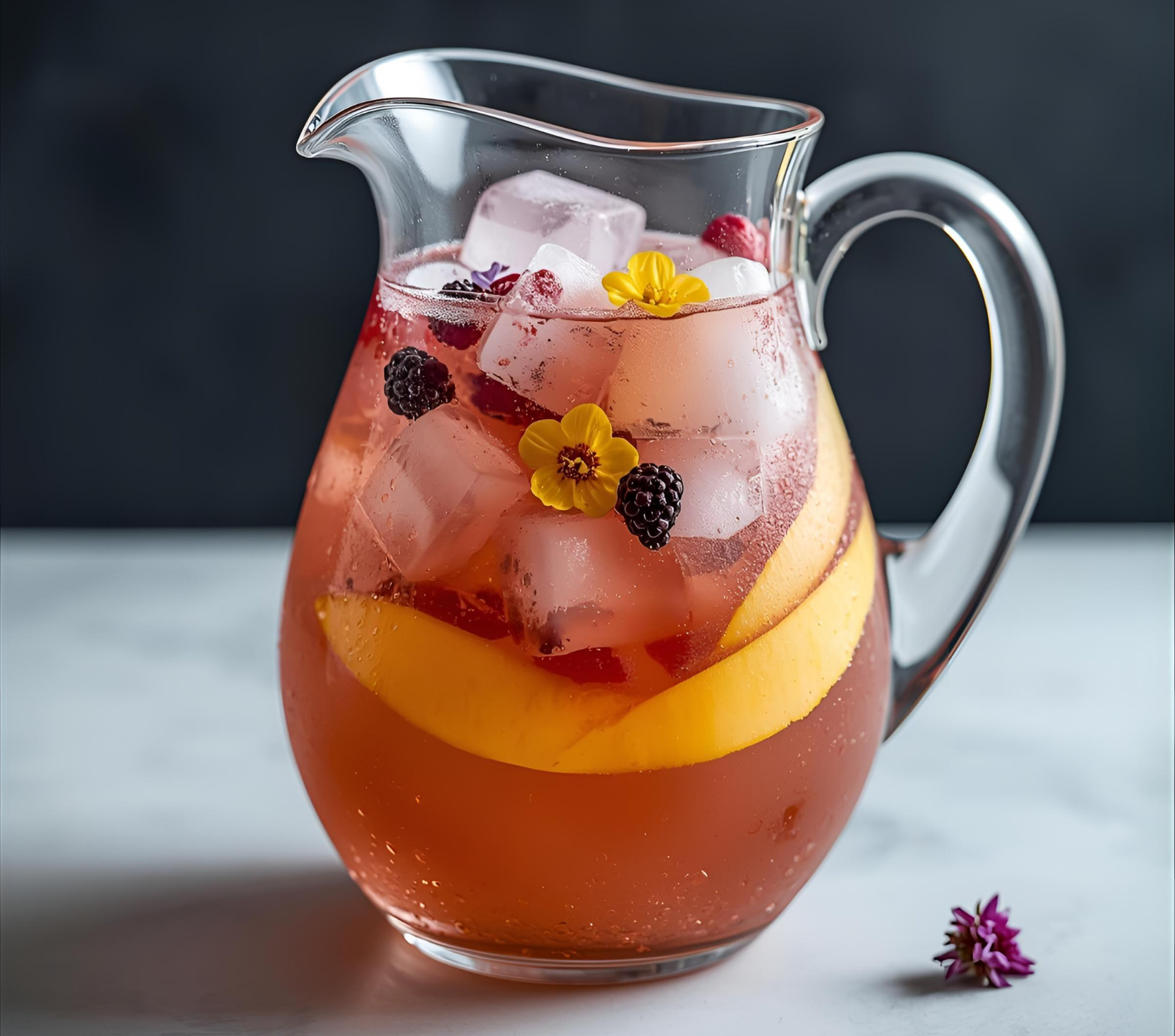 Pitcher of Cider sangria with fruit and flowers